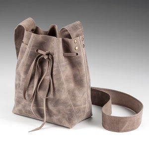 Gray Leather Bucket Bag with Personalization, Handmade, available in lots of colors