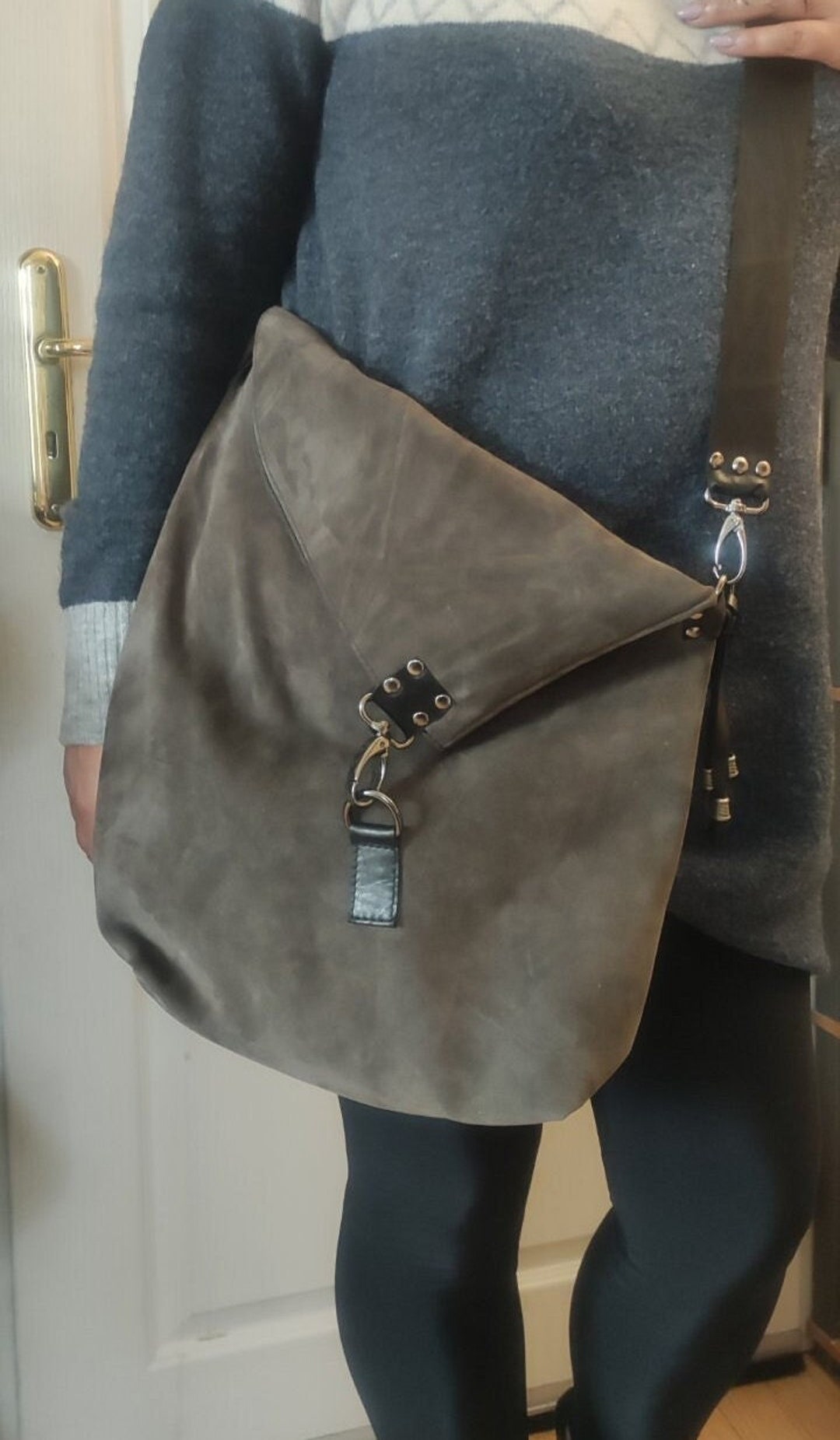 LEATHER Cross Body Bag Fold Over Asymmetrical Leather SUEDE Etsy