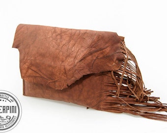 Long Fringe Bag, Handmade to order with Rustic Brown distressed Leather with Raw edge flap