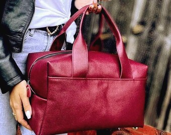 Bolso Box Burgundy, bolso de lona de piel hecho a mano, bolso de noche, bolso de fin de semana de piel, bolso de mano de piel hecho a mano
