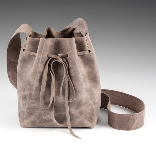 Rustic Real Leather Bucket Bag with Personalization