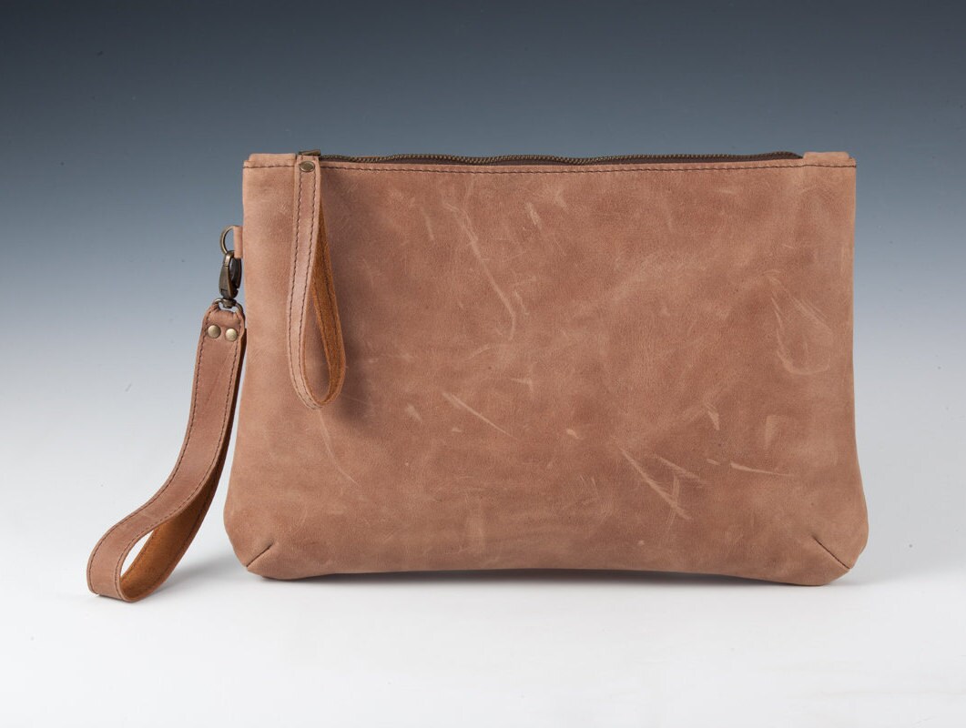 Rustic Leather Wristlet Clutch with Personalization, Available in black
