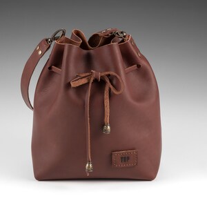 Small Leather Bucket Bag with Personalization, Handmade sturdy pouch with Drawstring