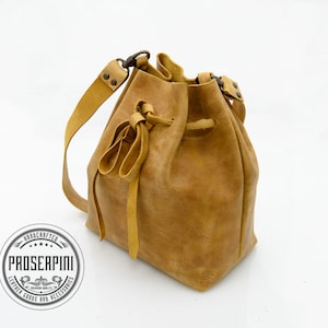 Natural Leather Mustard Bucket Bag with Drawstring, available with free authentic personalization