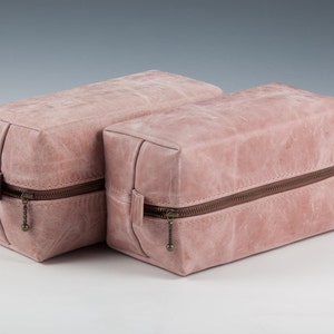 Set of 4, Pink leather toiletry bag, Personalized Bridesmaid Gift set, Handmade Leather Cosmetic case, Bridesmaid pouch, Leather makeup bag