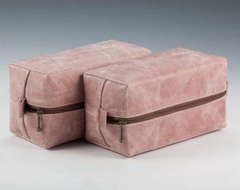 Set van 4, roze leren toilettas, gepersonaliseerde cadeauset bruidsmeisje, handgemaakte cosmetische lederen tas, etui bruidsmeisje, make-up leertas