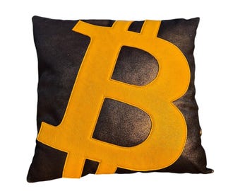 Natural leather Bitcoin Pillow, Bitcoin Gift For Trader, Crypto Gift, Soft Cushy BTC Pillow, BTC Present, Housewarming Gift, Bitcoin Merch