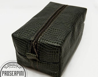 Bolsa de cremallera grande de cuero real, patrón de lagarto, verde profundo, bolsa cosmética, bolsa de viaje, bolsa de maquillaje, bolsa de cuero, bolso de joyería