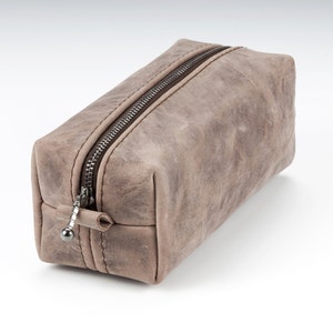 Mini Leather Dopp kit, Made to order Shaving Bag, Rustic Gray Personalized Handmade Bag, Gift for him, Groomsman Leather Gift, Gift for men image 1