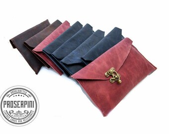 Asymmetric Leather Wristlet Clutch with antique brass hook closure, Handmade with rustic leather