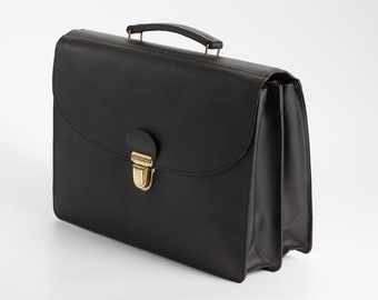 Black Vintage Leather Briefcase, Large Portfolio, iPad, Laptop, Document bag