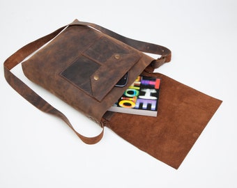 Sacoche main multi poches, ordinateur portable en cuir / tablette messenger, rustique cuir en détresse avec personnalisation