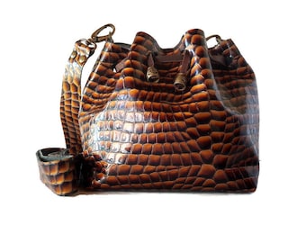 Snakeskin embossed Bucket bag, Leather Drawstring bag, Lots of colors