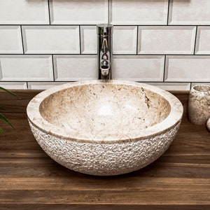 Cream Hammered Basin. Marble Sink – 40 x 15cm