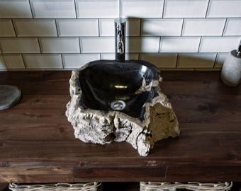 Petrified Wood Sink - Natural Stone Vessel Basin (45 x 45 x 15cm)