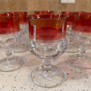 Vintage Kings Crown Ruby Red Flash Goblets, King&#39;s Crown Ruby Flash Wine Glasses, Tiffin glass Cranberry Flash wine goblets