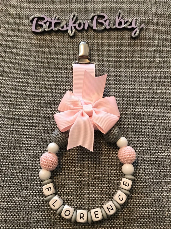 Personalised pram charm baby pink /& white bow and pink silver white beads