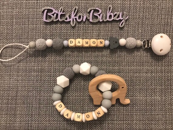 Personalizado Bebé Chupete De Madera Maniquí Clip Holder Correa Ducha Regalo Bautizo