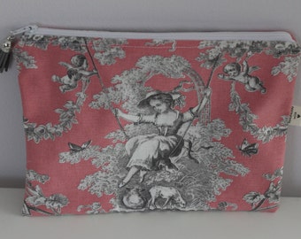 Trousse plate-Toile de Jouy-Doublure coton-Pompon-Rangements maquillage/Nécessaire couture/Broderie/Pharmacie - Cadeau