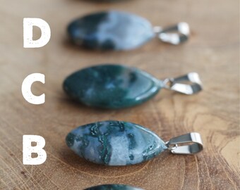 May include: Five agate pendants with silver bail, labeled A through E. The pendants are oval shaped and have a green and white color pattern.