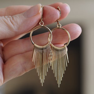 May include: Gold hoop earrings with a fringe of thin metal strands hanging from the bottom.