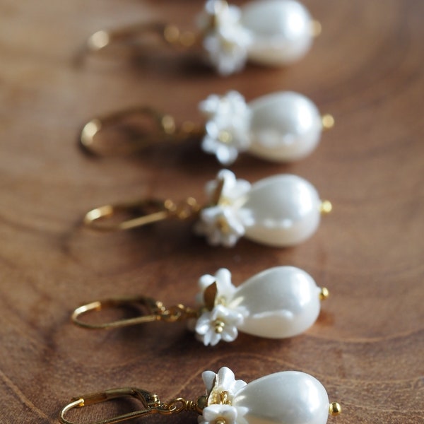 Pearl earrings - white teardrop pearl earrings - pearls and blossom - bridal jewelry - bridesmaids - gift for her
