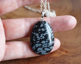 Obsidian pendant with necklace - semi-precious stone pendant - necklace with snowflake obsidian - gemstone necklace - gift for her