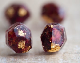 Terrarium studs with rose petals and gold foil - small 5x7mm red studs with dried rose petals - sterling silver ear cups