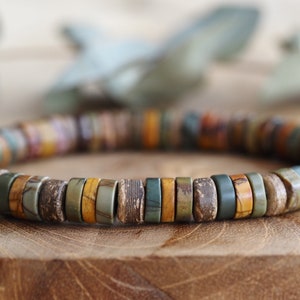 Picasso Jaspis mannenarmband in 8mm disc kralen –  picasso jasper met kokosnoot armband – herenarmband in natuurtinten - cadeau voor hem