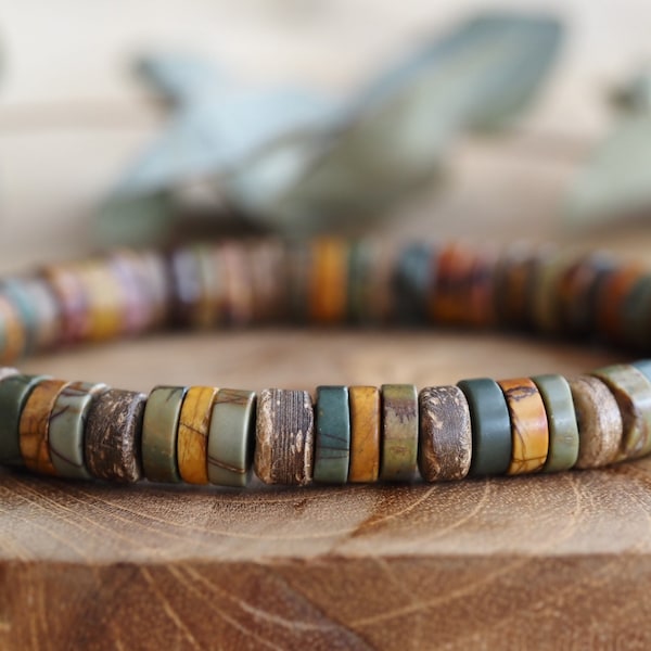 Picasso Jaspis mannenarmband in 8mm disc kralen met kokosnoot in natuurtinten