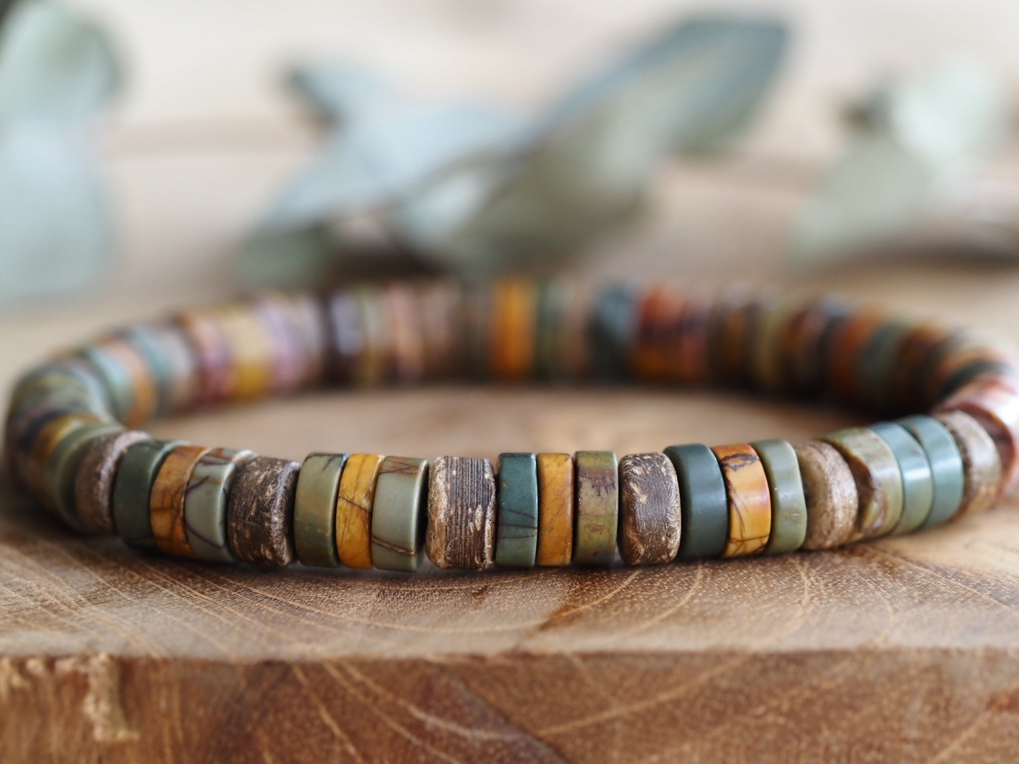 Picasso Jasper men's bracelet in 8mm disc beads - picasso jasper with coconut bracelet - men's bracelet in natural tones - gift for him