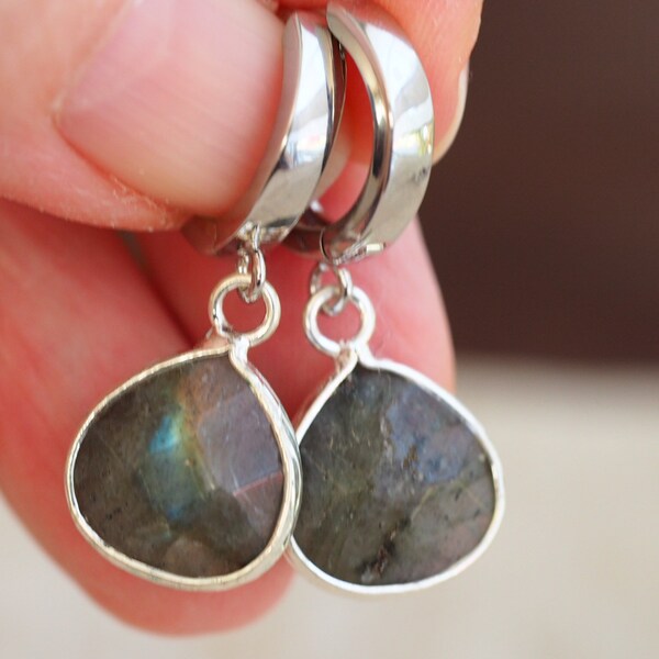 Labradorite earrings on nickel-free creoles - semi-precious stone earrings - minimalist - gray earrings - gift for her