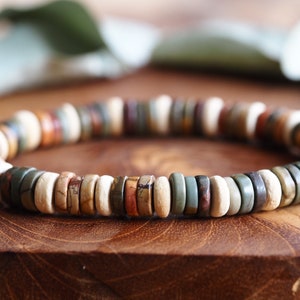 Picasso Jaspis mannenarmband in 8mm disc kralen –  picasso jasper met kokosnoot armband – herenarmband in natuurtinten - cadeau voor hem