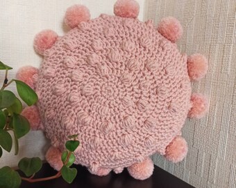 Rose Pillow, Circular Pillow, Blush Pink Crochet Pillow, Round Pom Pom Pillow, Circle Cushion, Filled Bobble Pillow, Rose Cushion