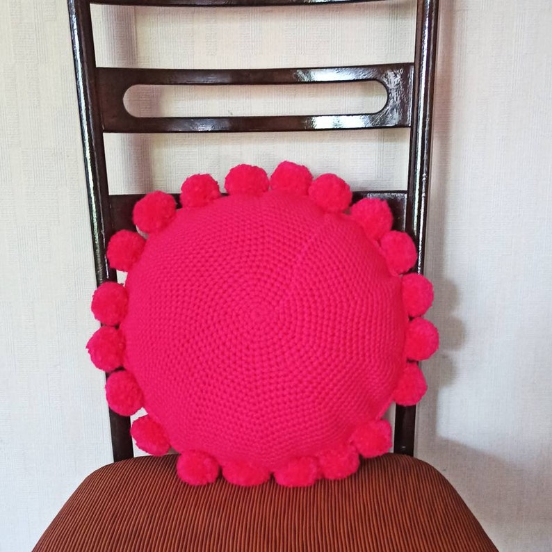 Hot Pink Cushion Pink Round Pillow Fuchsia Pom Pom Pillow Etsy