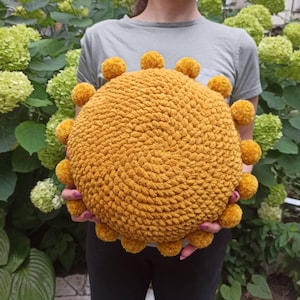 Mustard plush round pillow, Crochet pom pom circle pillow, Yellow circle cushion, Meditation floor pillow, Throw pillow cover, Sun pillow