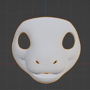 Puede incluir: Una máscara de animal gris claro renderizada en 3D, con grandes aberturas ovaladas para los ojos y una boca pequeña y sonriente. La máscara tiene una superficie lisa y está delineada en naranja. El diseño sugiere una criatura de dibujos animados o estilizada.