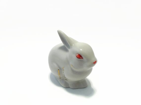 Small Vintage Porcelain Statuette Of Rabbit With Red Eyes Etsy