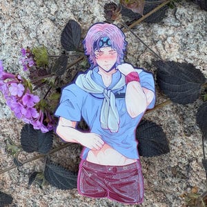 K&ouml;nnte beinhalten: Ein Aufkleber mit einem Anime-Charakter mit rosa Haaren, der ein blaues Hemd, bordeauxfarbene Shorts und einen wei&szlig;en Pullover tr&auml;gt, der um die Schultern gebunden ist. Die Figur hat ein Stirnband und ein rotes Armband. Der Aufkleber befindet sich auf einer Steinoberfl&auml;che mit lila Blumen und dunklen Bl&auml;ttern.