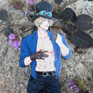 K&ouml;nnte beinhalten: Stilisierte Illustration eines Charakters mit schwarzem Zylinder mit blauer Brille, blauer Jacke, schwarzen Handschuhen und schwarzer Hose. Der Charakter hat blondes Haar und h&auml;lt eine Feder. Der Hintergrund ist Stein mit lila Blumen.