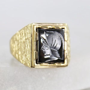 10k Roman Soldier Cameo Men&#39;s Ring | Vintage Solid 10k Yellow Gold Genuine Hematite | Size 10 | Mens Ring | Father&#39;s Day Anniversary Gift