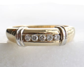 14k Gold Diamond Ring | Vintage 14k Two Tone Yellow and White Gold Channel Set Genuine Diamond Wedding Band | Size 6.25 | Anniversary Band