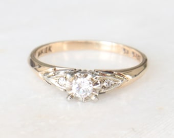 14k and 18k Diamond Ring | menkDÜKE Solid 14k Yellow Gold 18k White Gold Illusion Setting Vintage Engagement Promise Ring Gift for Her