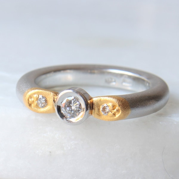 Platinum and 18k Gold Diamond Ring | Solid 950 Platinum and 18k Yellow Gold Genuine Diamond Solitaire Bezel Set | Size 6 | Engagement Ring