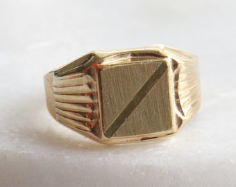 10k Square Stripe Signet Ring | menkDÜKE Solid Real Gold Simple Unique Mens Ladies Pinky Engravable Wedding Gift for Him Her FREE SHIPPING