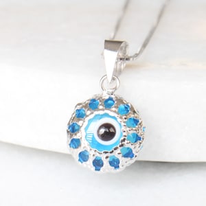 10k White Gold Evil Eye Charm | 10k White Gold Blue Evil Eye Pendant | Laced Gold Filigree Minimalist Evil Eye | Good Luck Charm