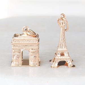18k 3D Paris Charms | Vintage Solid Genuine Real Gold France Eiffel Tower Arc De Triomphe Travel Pendant Necklace Bridal Wedding Gift