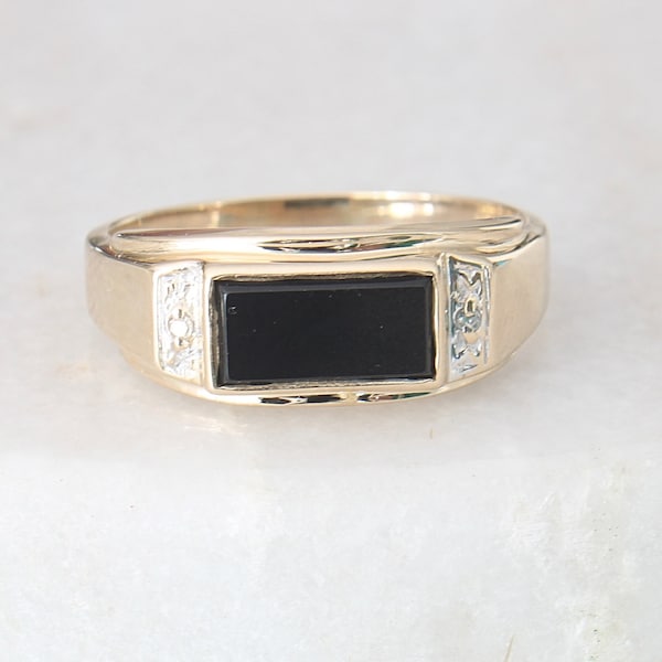 10k Black Onyx Rectangle Diamond Ring | menkDÜKE SOLID 10 KARAT Gold Genuine Natural Onyx Unique Mens Ladies Gift for Him Her Mothers Day