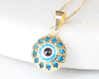 10k Gold Evil Eye Charm | 10k Yellow Gold Blue Evil Eye Pendant | Laced Gold Filigree Minimalist Evil Eye | Good Luck Charm