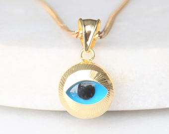 10k Gold Round Evil Eye Charm | 10k Yellow Gold Diamond Cut Evil Eye Pendant | Simple Minimalist Evil Eye Amulet Necklace | Good Luck Charm